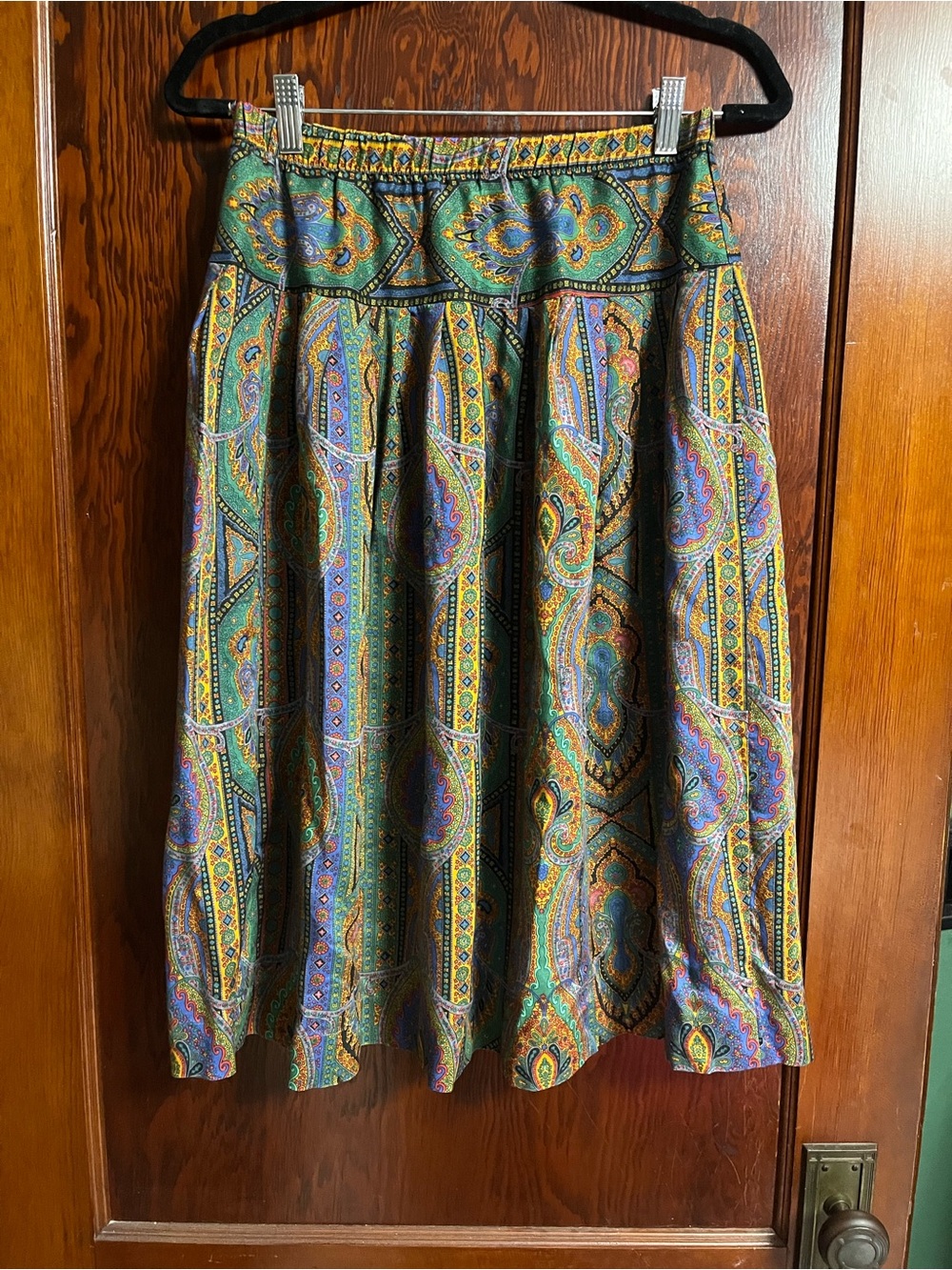 Schroder Vintage-Inspired Paisley A-Line Midi Skirt in Teal & Purple
